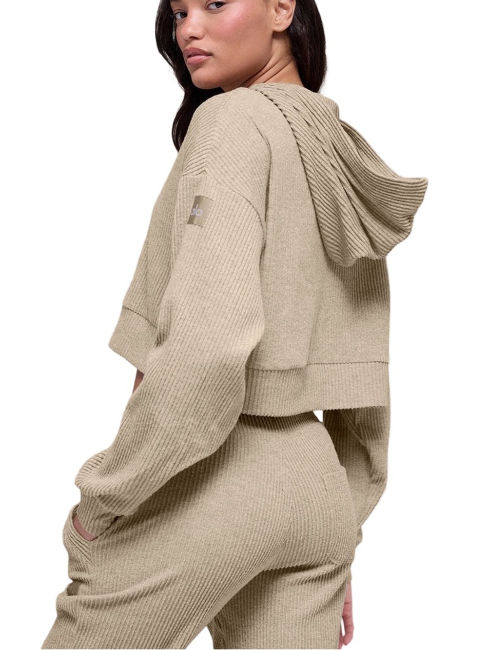 ▫️🥥 ALO Yoga Muse Hoodie Cropped Sweatshirt in gravel Heather (beige) ribbed 🥥▫️